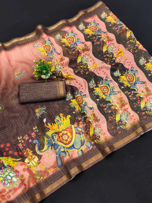 Saaransh Floral Print Kanjivaram Linen, Cotton Silk Saree(Brown)