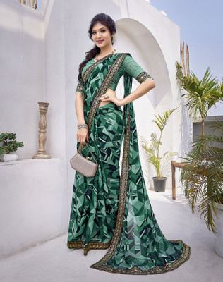 YASHIKA Printed Daily Wear Georgette, Lace Saree(Green)