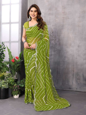 DALPATSINGH Blocked Printed, Geometric Print Garad Georgette Saree(Green)