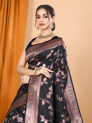 SICHYAH Woven Banarasi Pure Silk Saree(Black)