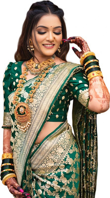 SOMVATI Solid/Plain, Printed Kanjivaram Art Silk, Jacquard Saree(Gold, Green)