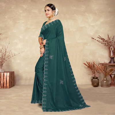 Meena Fashion Embroidered Handloom Georgette Saree(Dark Green)