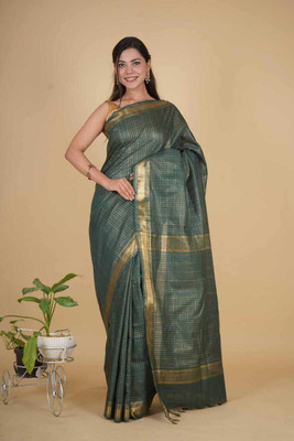 EthinicSpecial Checkered Handloom Tussar Silk Saree(Dark Green)