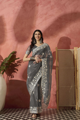 ShopGlobal Embroidered Banarasi Net Saree(Grey)