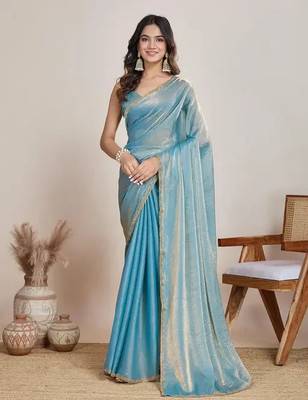 R J FEBRICS Solid/Plain, Woven Bollywood Net Saree(Blue, Mustard)