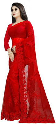 RamKrupa Creation Embroidered Bollywood Net Saree(Red)