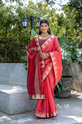 Bansari Textiles Woven, Self Design, Striped, Dyed, Printed Handloom Jacquard, Cotton Silk Saree(Pink)