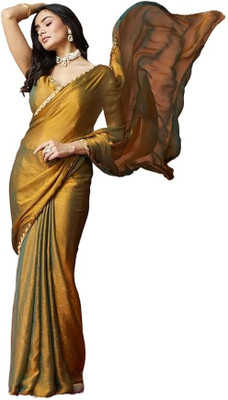 nirmal creation Solid/Plain Saree with Attached Blouse Chiffon Saree(Gold)