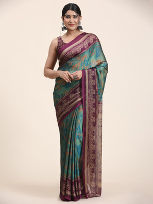 rujave Digital Print Assam Silk Chiffon Saree(Green)