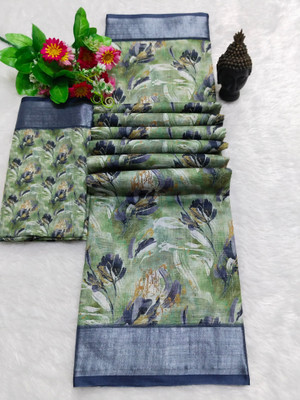 PRTRENDZ Printed Kanjivaram Cotton Linen, Linen Saree(Green)