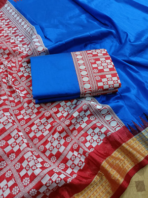 PremiumTextiles Solid/Plain Sambalpuri Art Silk Saree(Blue)
