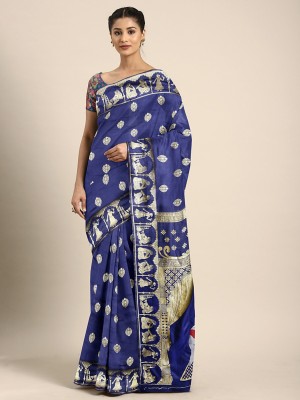 SERONA FABRICS Printed, Self Design, Woven Banarasi Silk Blend, Jacquard Saree(Dark Blue)