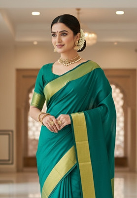 Anugrah Textile Embroidered Banarasi Lycra Blend, Chiffon Saree(Green)