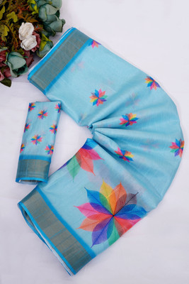SRCREATIONR Printed Bollywood Chanderi Saree(Blue)