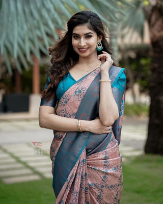 YASHIKA Printed Kanjivaram Silk Blend Saree(Pink, Blue)