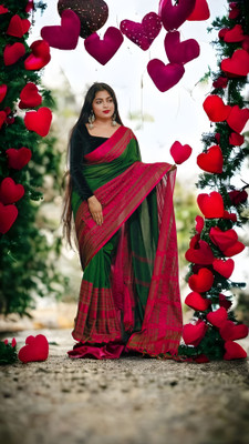Bong ButiQ Woven Tant Handloom Cotton Blend Saree(Pink, Dark Green)