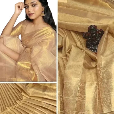 rohantextiles Solid/Plain Banarasi Cotton Silk Saree(Beige)