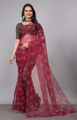 LOROFY Embellished Bollywood Net Saree(Maroon)