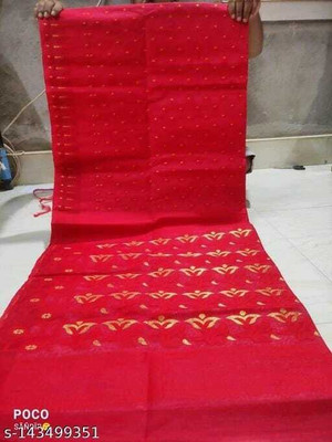 SMRITI HANDLOOM Printed Jamdani Cotton Blend Saree(Red)
