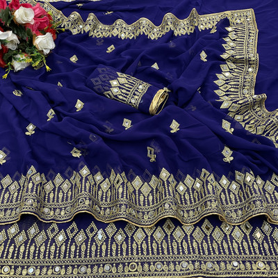 Disha Fashion Embroidered, Self Design Banarasi Georgette Saree(Blue)