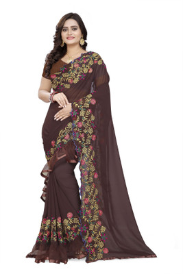 Mactos Embroidered Bollywood Silk Blend Saree(Brown)