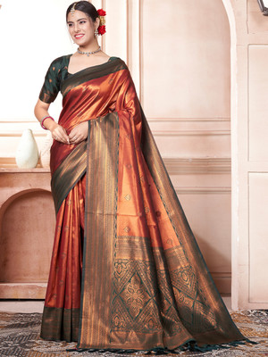 Tasrika Woven Kanjivaram Pure Silk Saree(Orange)