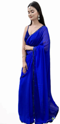 WL BY SHREYA RAJPUT Solid/Plain, Self Design Bollywood Georgette Saree(Blue, Light Blue, Dark Blue)
