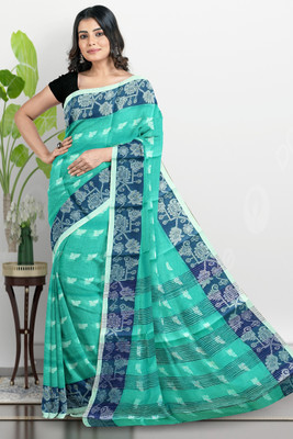 PRANATI ENTERPRISE Printed, Self Design, Woven Tant Pure Cotton Saree(Light Blue)