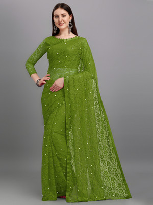 LOROFY Self Design Bollywood Net Saree(Green)