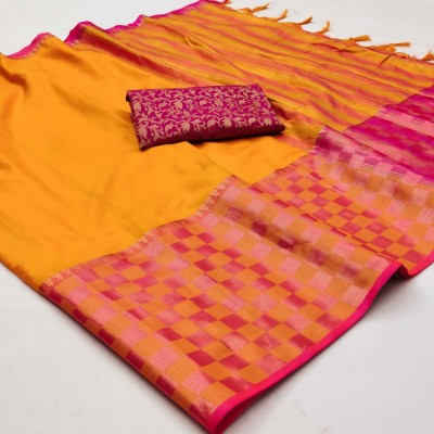 Juhi Collection Checkered Dharmavaram Art Silk, Cotton Silk Saree(Yellow)