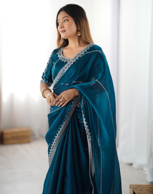 SIRIL Embellished Bollywood Jimmy choo, Tissue Saree(Blue)