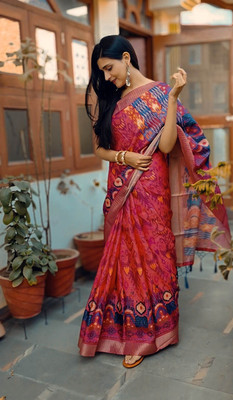 Laxmi Fashion Printed, Floral Print Assam Silk Jacquard, Cotton Silk Saree(Brown, Blue, Multicolor)