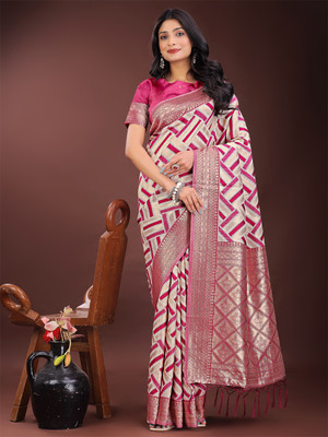ASTITA Woven Saree with Attached Blouse Cotton Linen Saree(Magenta)