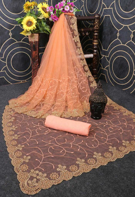 SkyFlock Embroidered, Embellished Bollywood Net Saree(Orange)