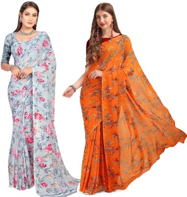 Dori Floral Print Daily Wear Georgette Saree(Pack of 2, Grey, Orange)