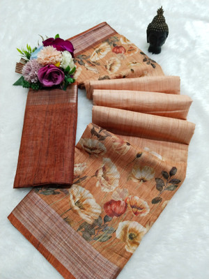 VISHNU Printed Kanjivaram Linen, Cotton Linen Saree(Orange)