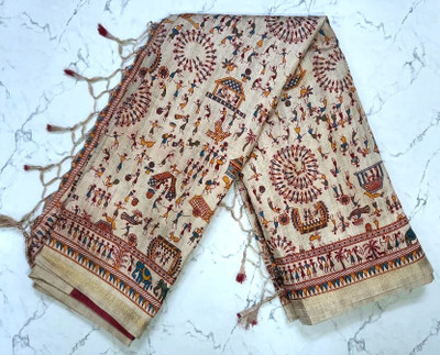 Praaj Printed Madhubani Jute Silk Saree(Multicolor)