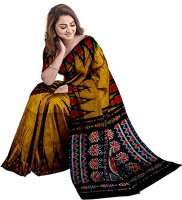 TITHISAREES Printed Sambalpuri Cotton Blend Saree(Gold)