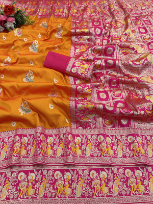 KanjiQueen Woven, Self Design Baluchari Silk Blend, Pure Silk Saree(Mustard, Pink)