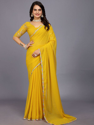 shrijamyaham Self Design Bollywood Chiffon Saree(Yellow)