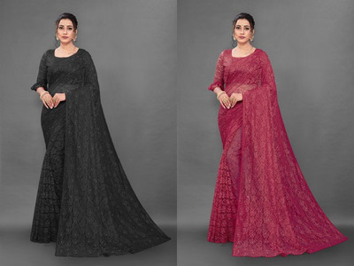 Fashion Field Self Design Bollywood Net Saree(Pack of 2, Maroon, Black)