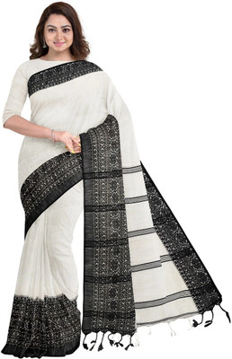 GOLU Solid/Plain Handloom Pure Cotton Saree(White, Black)