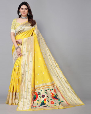 NS WORLD Woven, Polka Print Paithani Pure Silk Saree(Yellow)