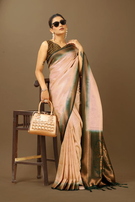 Ritu Silk Solid/Plain Kanjivaram Pure Silk Saree(Cream, Green)