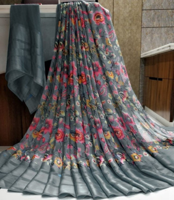 Bombey Velvat Fab Embellished Arani Pattu Georgette, Chiffon Saree(Grey)
