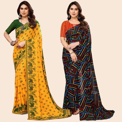 kashvi sarees Self Design, Printed Daily Wear Georgette Saree(Pack of 2, Yellow, Green, Multicolor)