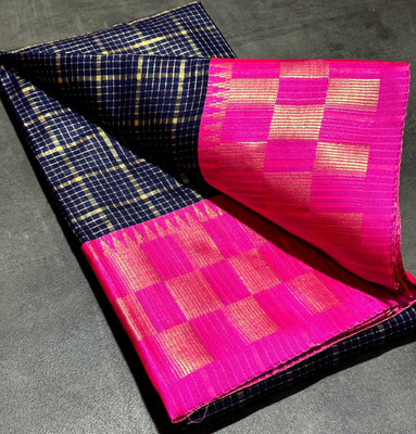 JbWorld Checkered, Woven, Self Design, Embellished Chettinadu Jacquard, Cotton Silk Saree(Blue, Pink)