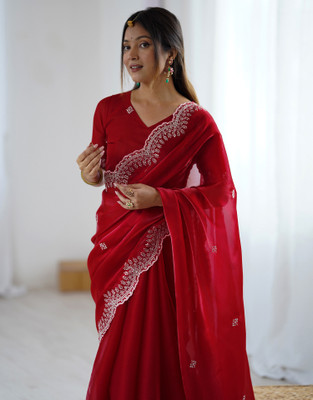 Satrani Embellished, Embroidered Bollywood Tissue Saree(Red)