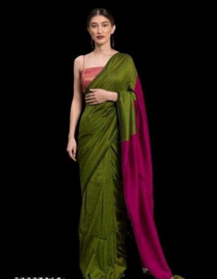 STRADHA Solid/Plain Handloom Cotton Blend Saree(Dark Green)