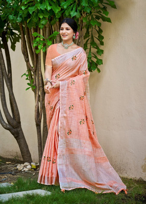 Divastri Woven, Embroidered Handloom Linen Saree(Orange)